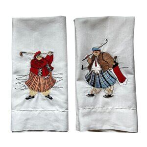 Set Of 2 Embroidered Kiltie Golfers White Tea Towels Golf Gift Decor Dad